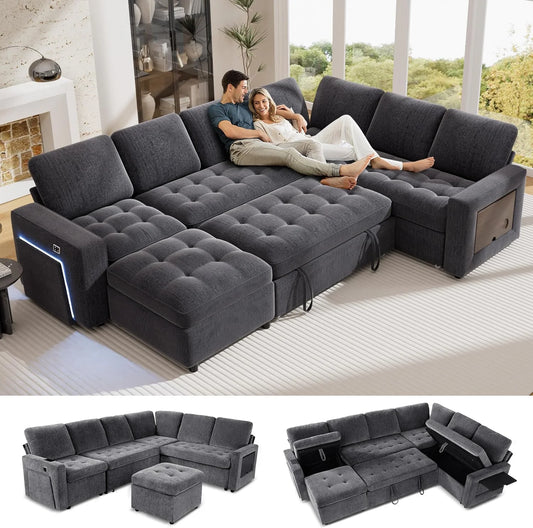 5-in-1 L-Shaped Sleeper Sectional Sofa – Adjustable Backrests, USB/Type-C Charging, LED Lighting & Built-In Side Table