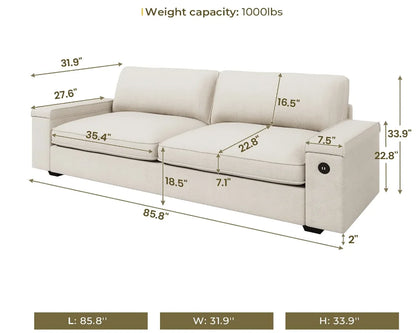 Modern Deep-Seat Sofa with Plush Cushions, USB Charging & Soft Chenille Upholstery