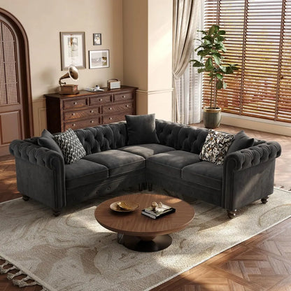Luxury Velvet Chesterfield L-Shaped Sectional – Classic Button-Tufted Design & Timeless Elegance