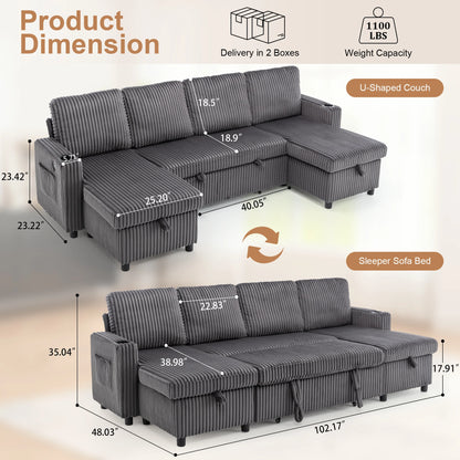 Corduroy Pull-Out Sleeper Sectional with Hidden Storage, USB/Type-C Charging, Cup Holders