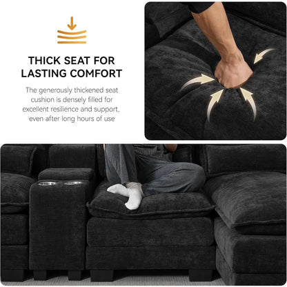 Luxury Deep-Seat U-Shaped Modular Cloud Sectional with Double Chaises & Storage Console