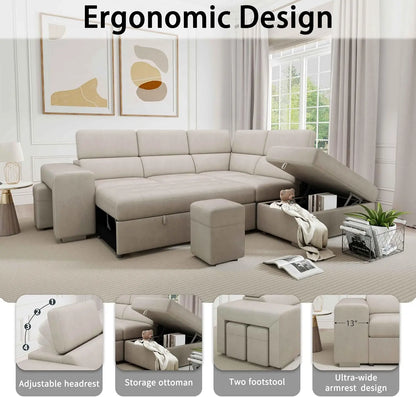 Convertible L-Shaped Sleeper Sectional with Storage Ottoman, Adjustable Headrests & Pet-Friendly Microfiber