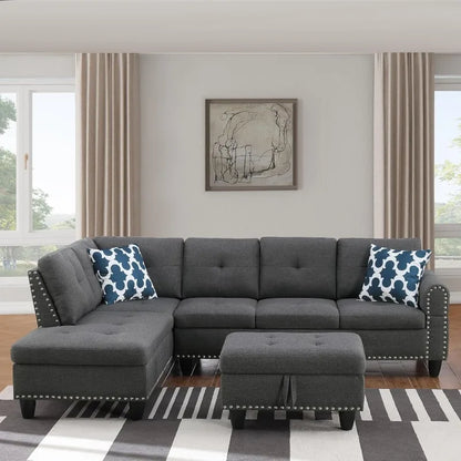 Modern L-Shaped Sectional Sofa with Storage Ottoman, Drop-Down Table & Nailhead Trim