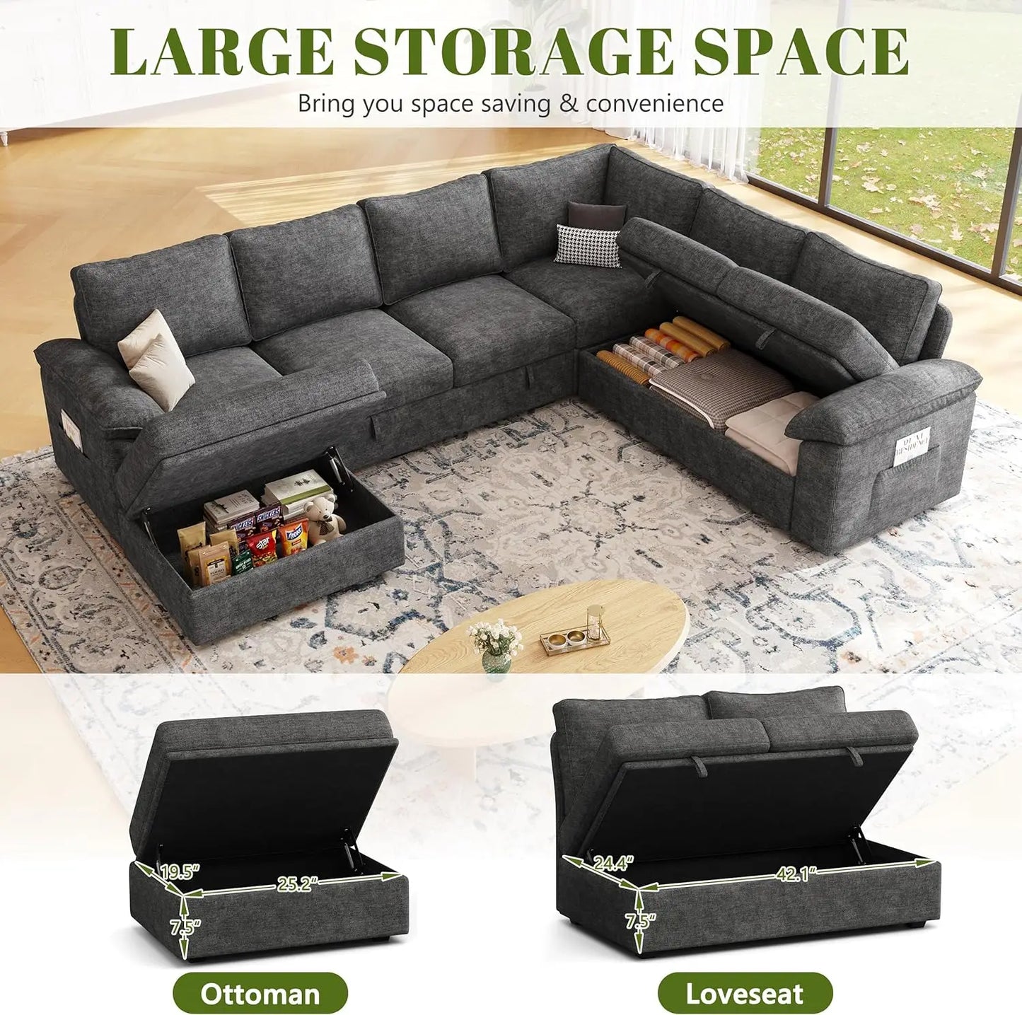 Luxury Chenille Pull-Out Sleeper Sectional with Storage – Cloud Comfort, Rolled Arms & Modern Modular Design