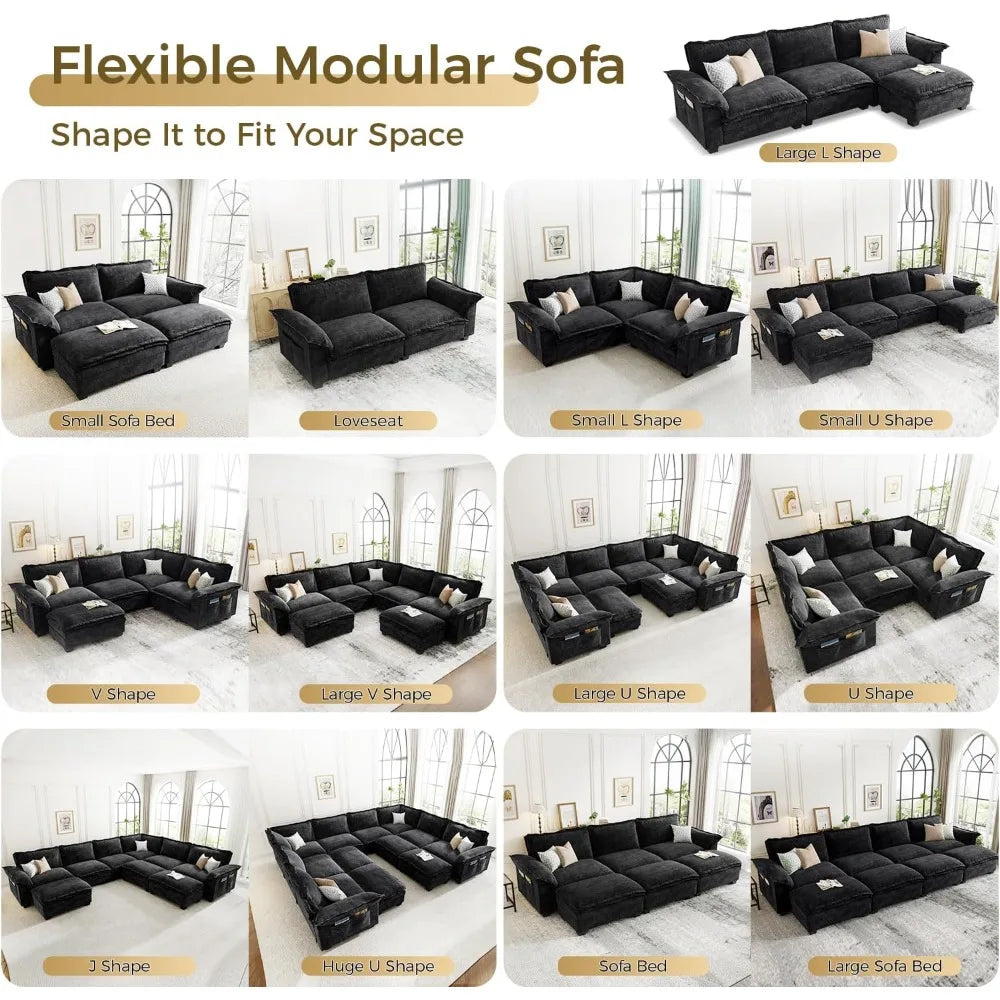 Modular Cloud Sectional Sofa – Customizable Layout, Deep Cushions & Washable Chenille Fabric