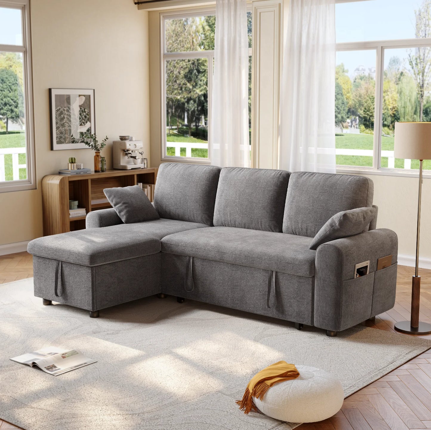Convertible L-Shaped Sleeper Sofa with Storage Chaise, Stain-Resistant Fabric & Pet-Friendly Design